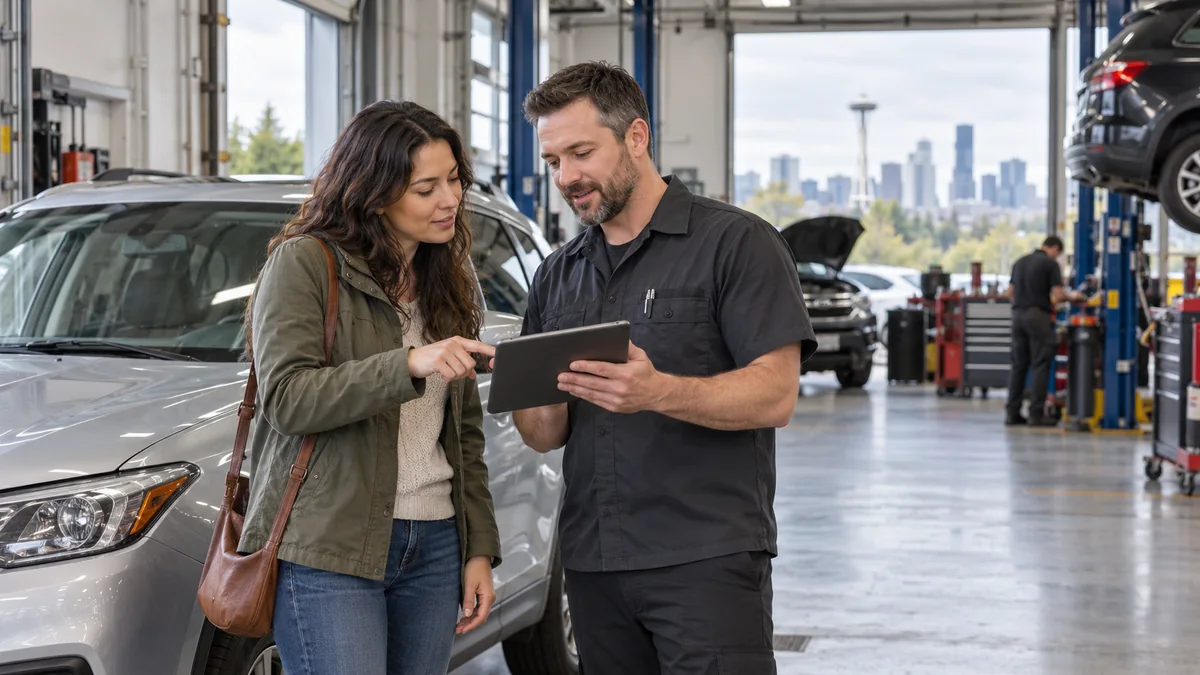 Driver and service advisor comparing repair options in a Greater Seattle workshop